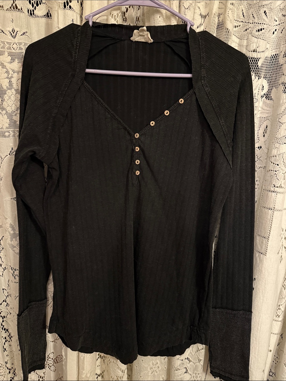 BiBi Charcoal Ribbed Long Sleeve Top with Asymmetric Button Detail